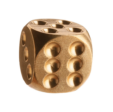 One metal game dice isolated on white