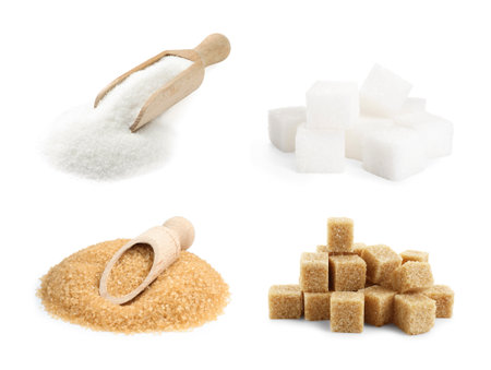 Different sugar (granulated and cubes) isolated on white, setの写真素材