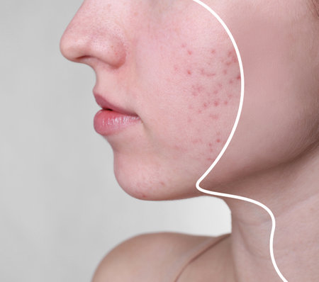 Acne problem, collage. Woman before and after treatment on grey background, closeupの写真素材