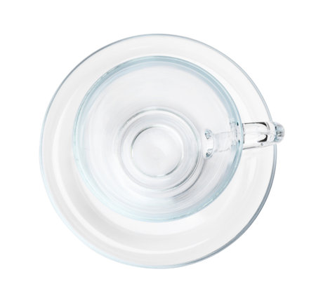One clean glass cup and saucer isolated on white, top viewの写真素材