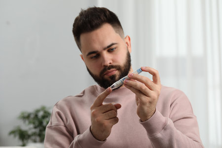 Diabetes test. Man checking blood sugar level with lancet pen at home, selective focus
