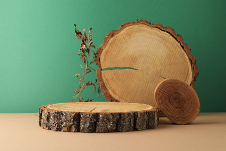 Presentation for product. Wooden stumps and dry plant on color backgroundの写真素材