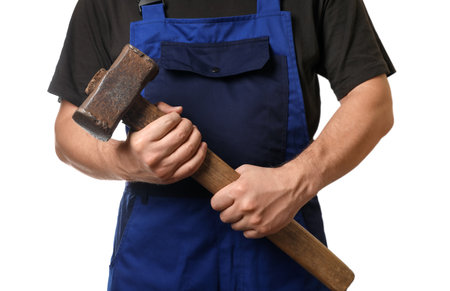 Man with sledgehammer on white background, closeupの写真素材