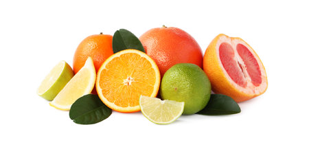 Fresh ripe citrus fruits and green leaves isolated on whiteの写真素材