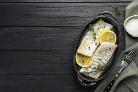 Fresh raw cod fillets with thyme and lemon in baking dish on black wooden table, flat lay. Space for...