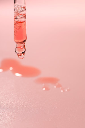 Dripping moisturizing serum from pipette on pink background, closeup. Space for textの写真素材