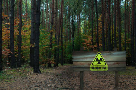 Radioactive pollution. Yellow warning sign with hazard symbol in forestの写真素材