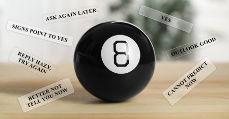 Magic eight ball on wooden table and different predictions around it. Banner design