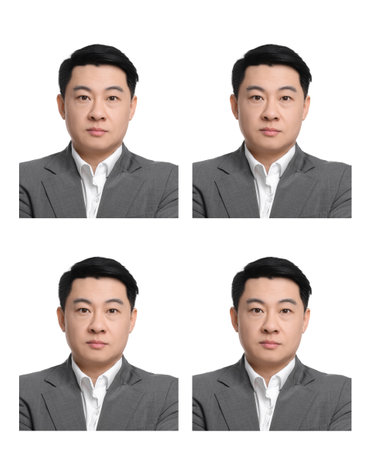 Passport photo, collage. Man on white background, set of photosの写真素材
