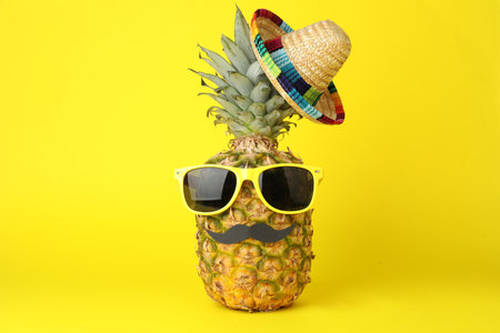Pineapple with Mexican sombrero hat, sunglasses and fake mustache on yellow backgroundの写真素材