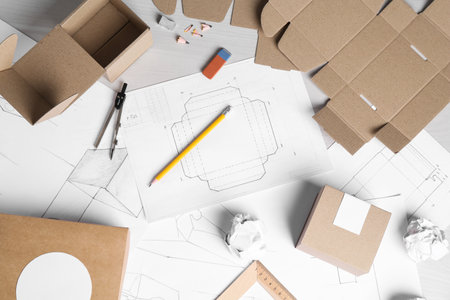 Creating packaging design. Drawings, boxes and stationery on light wooden table, flat layの写真素材