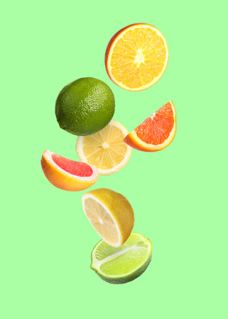 Many different fresh citrus fruits in air on light green backgroundの写真素材