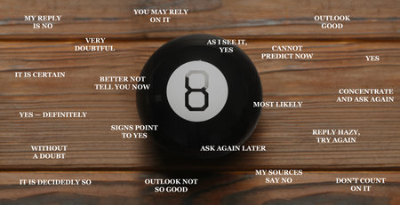 Magic eight ball on wooden table and different predictions around it. Banner design