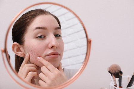 Woman with acne problem looking at mirror indoorsの写真素材