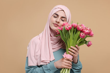 Happy woman in hijab with beautiful bouquet on beige backgroundの写真素材