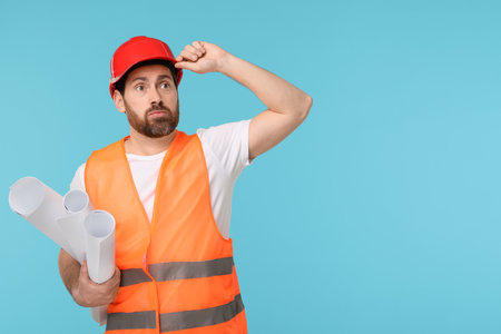 Confused architect in hard hat with drafts on light blue background, space for text