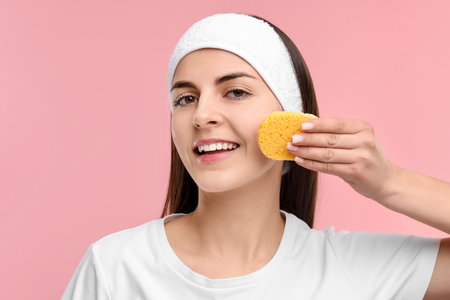 Young woman with headband washing her face using sponge on pink backgroundの写真素材