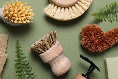 Cleaning brushes, sponges, dispenser and fern leaves on green background, flat lay