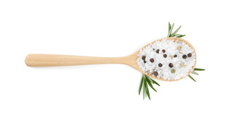 Salt with rosemary and peppercorns in spoon isolated on white, top viewの写真素材