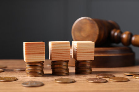 Tax law. Blank wooden cubes, coins and gavel on table, closeupの写真素材
