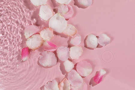 Beautiful rose petals in water on pink background, top viewの写真素材