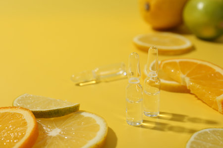 Skincare ampoules with vitamin C and citrus slices on yellow background, closeup. Space for textの写真素材