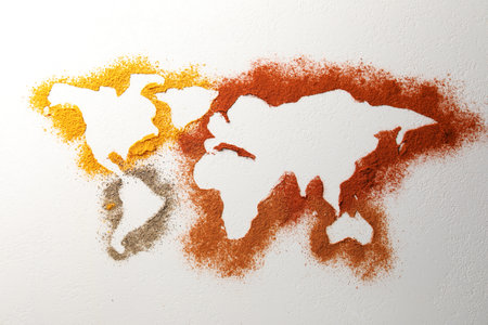World map of different spices on white textured table, flat lay