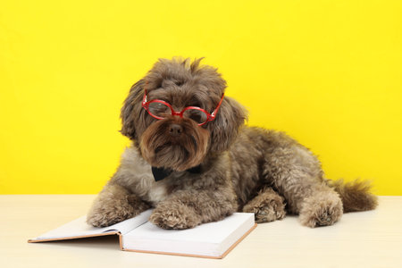 Cute Maltipoo dog with book wearing glasses on white table against yellow background. Lovely petの写真素材