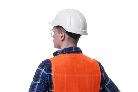 Young man wearing safety equipment on white background, back view