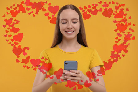 Long distance love. Woman chatting with sweetheart via smartphone on golden background. Hearts flying out of device and swirling around herの写真素材
