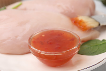 Marinade, basting brush and raw chicken fillets on table, closeupの写真素材