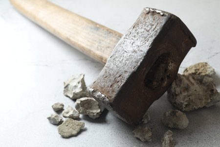 One sledgehammer and pieces of broken stones on gray textured background, closeupの写真素材