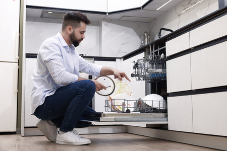 Man loading dishwasher with dirty plates indoorsの写真素材