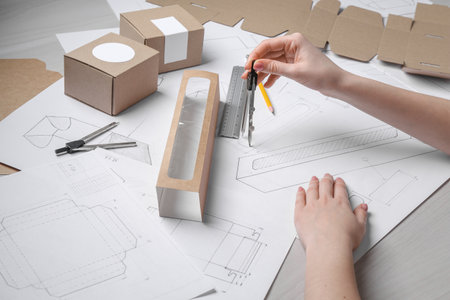 Woman creating packaging design at light wooden table, closeup