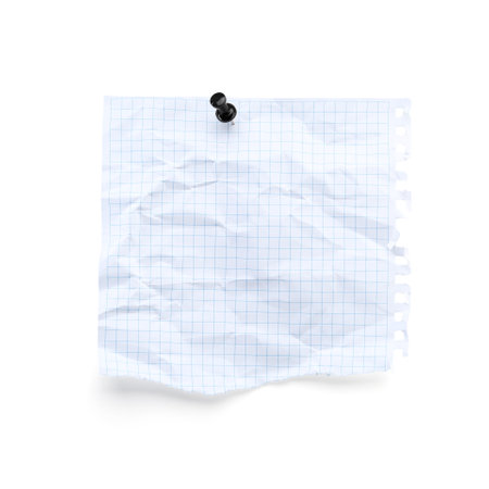 Piece of crumpled checkered notebook sheet with pin isolated on whiteの写真素材