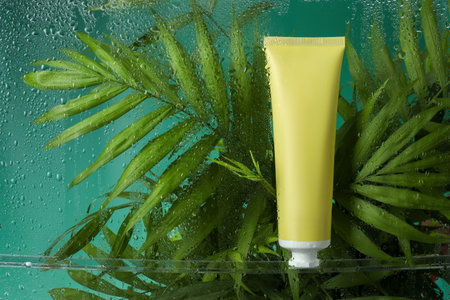 Tube with moisturizing cream and palm leaves on green background, view through wet glass