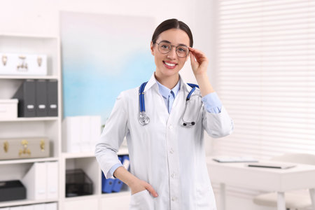Medical consultant with glasses and stethoscope in clinicの写真素材