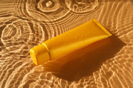 Tube with moisturizing cream in water on orange backgroundの写真素材