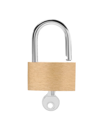 Steel padlock and key isolated on white