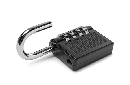 Unlocked steel combination padlock isolated on whiteの写真素材