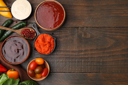 Different marinades and products on wooden table, flat lay. Space for textの写真素材
