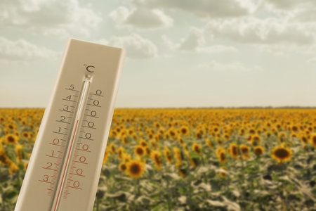 Thermometer in sunflower field showing temperature, summer weatherの写真素材