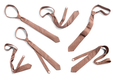 Brown striped tie isolated on white, collage. Stylish accessoryの写真素材