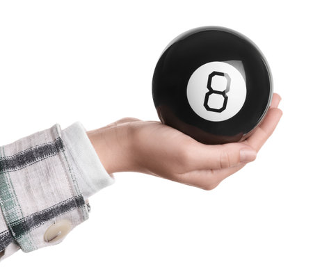 Woman holding magic eight ball on white background, closeupの写真素材
