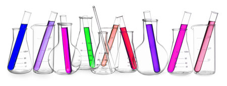 Set of different laboratory glassware isolated on whiteの写真素材