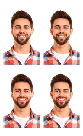 Passport photo, collage. Man on white background, set of photosの写真素材