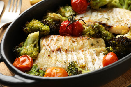 Tasty code cooked with vegetables in baking dish, closeup