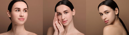 Beautiful woman with perfect skin on light brown background, collage of photos. Banner designの写真素材