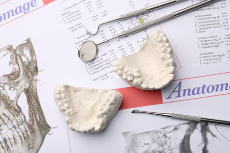 Dental model with gums and dentist tools on anatomy charts, flat lay. Cast of teeth