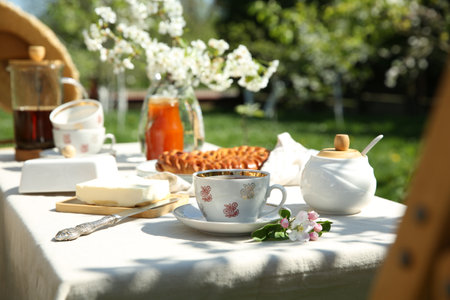 Beautiful table setting in spring garden on sunny dayの写真素材